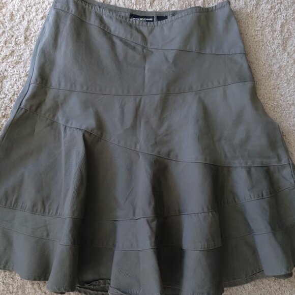 Vintage DKNY Khaki Olive Green Ruffle Flare Midi Skirt - Picture 2 of 4